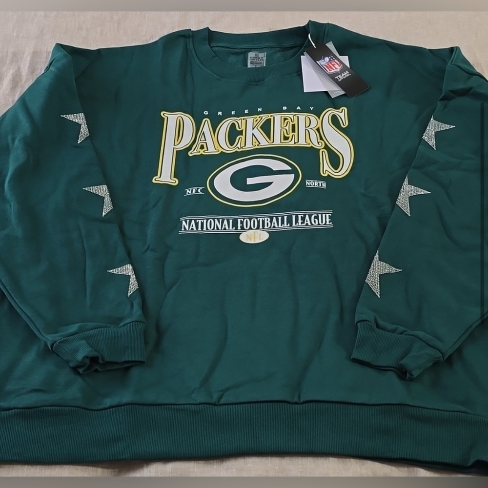 Green Bay Packers NFL Women's Rhinestone Star Sleeve Sweatshirt Green Size Large - Picture 5 of 16
